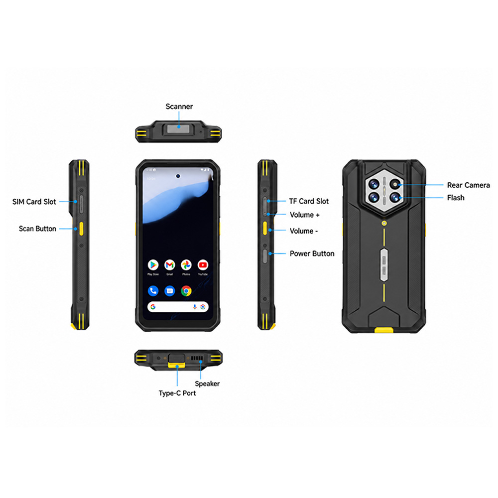 H68T Прочный портативный КПК на базе Android 14 с дисплеем 6,56 дюйма, защитой IP68, 4G NFC и дополнительным сканером штрих-кода